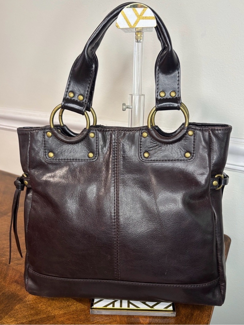 KENNETH COLE Classic Chocolate Brown Leather Satchel with Brass Hardware (EUC) - Picture 6 of 12